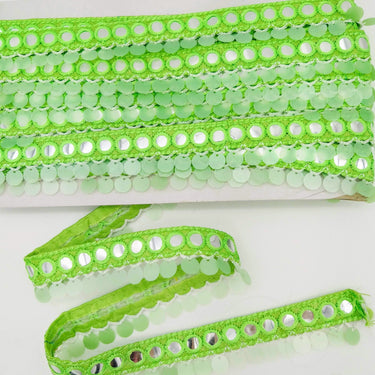 Green Fringe Trim With Mirrors And Sequins Tassels, Boho, Bohemian Trim